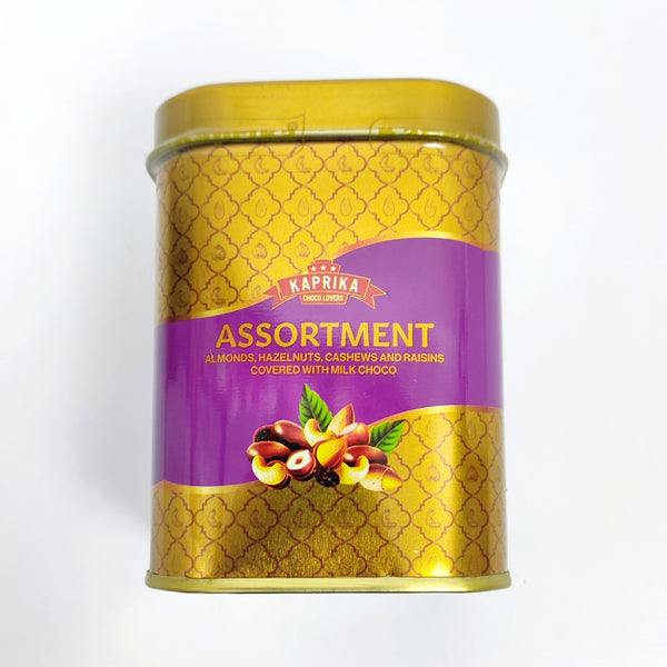 Kaprika Assorted Almonds,Hazelnuts,Cashew And Raisin Covered With Milk Choco 90Gm Tin Pk(Gift Celebration Pack)